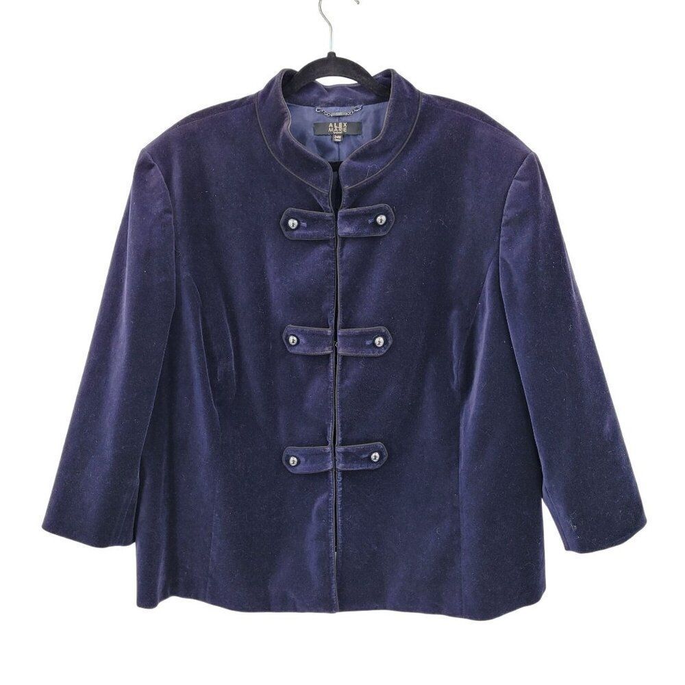 Alex Marie Womens Navy Blue Velour Band Blazer Jacket Sz 24W‎ Military Velvet